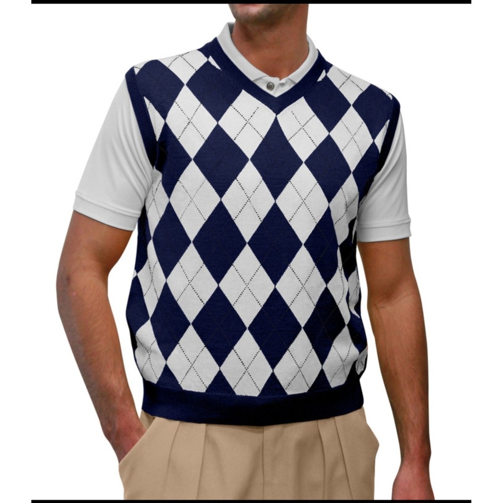 GolfKnickers.com Wool Blend Navy White Argyle V Neck Golf Sweater Vest XL Preppy